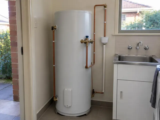White hot water cylinder beside a laundry sink with copper pipework and tiled wall in Gladesville