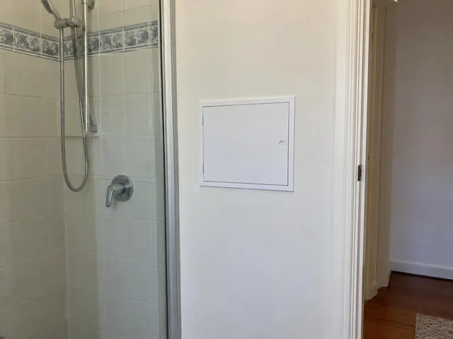Shower wall with a small access panel beside tiled bathroom wall and hallway doorway in Ryde