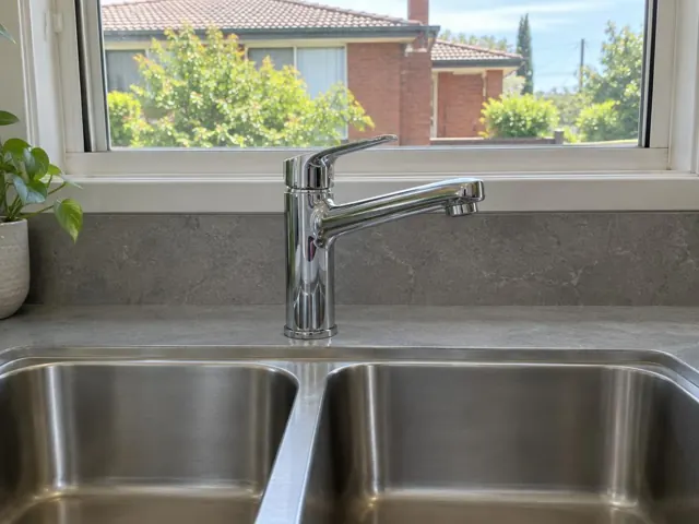 Chrome mixer tap above a double stainless sink with stone backsplash and window in West Ryde